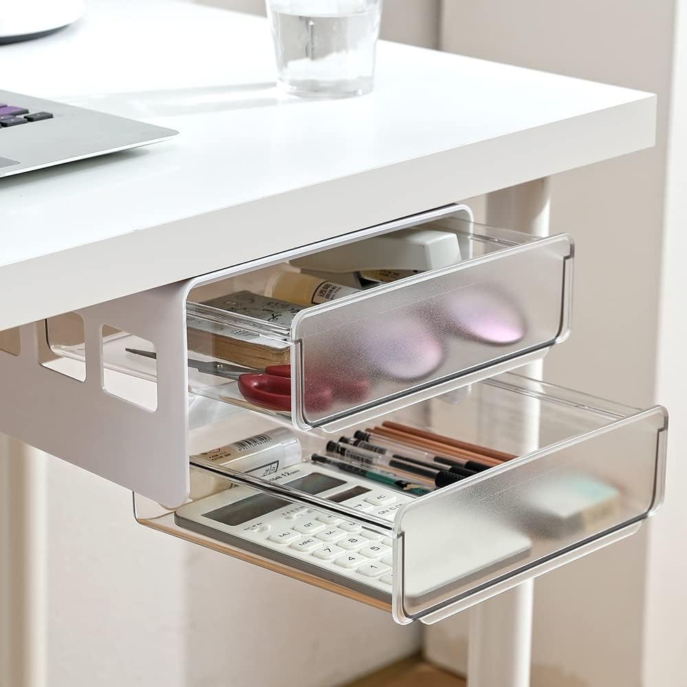 230527222738802_1 submatches Under Desk Drawer Organizer Slide Out, Hidden Self- adhesive Under Desk Storage Drawer with 2 Layers, Add a Drawer Under Table Storage Pencil Drawer for Office/Classroom/Home, White - Image 1